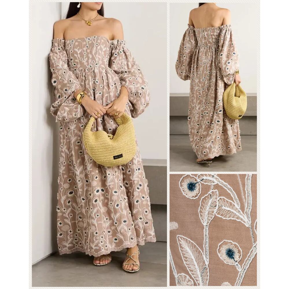 Agua by Agua Bendita Alheli Petalo XS Maxi Dress Linen Embroidered Puff Sleeve